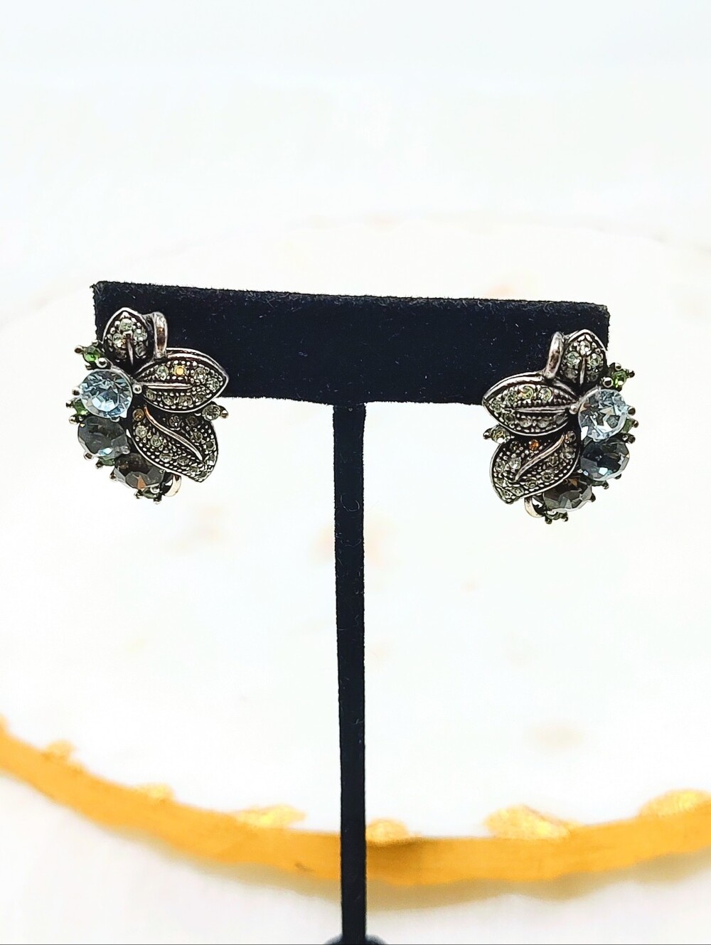 Lovely Vintage Marcasite Statement Earrings With Blue And Green Crystal Accents
